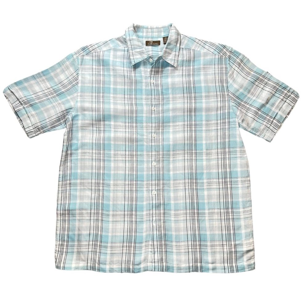 Cafe Luna Shirt Mens Large 42 44 Blue Plaid Short Sleeve Button Front Casual